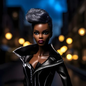 Black-haired Barbie with a stunning black outfit, exuding elegance and confidence. Her black skin complements her chic style perfectly.