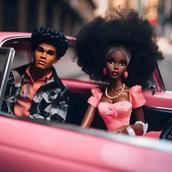 Black Barbie and Ken embark on a retro adventure in an old pink car, evoking timeless charm against a striking black backdrop.