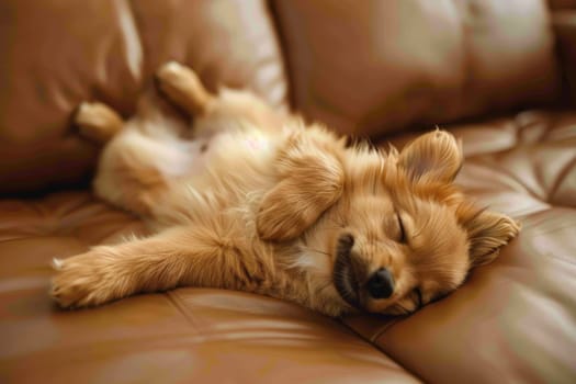 A little dog sleeps on its back on the sofa