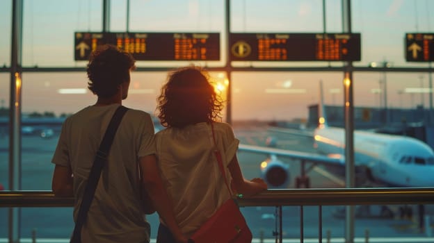 Couple traveling and looking at the flight schedule at the airport, Attractive couple in an airport.