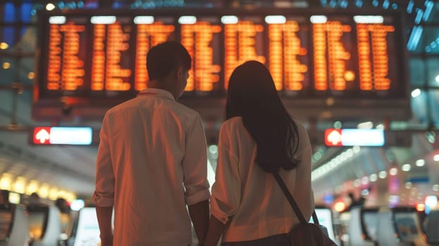 Couple traveling and looking at the flight schedule at the airport, Attractive couple in an airport.