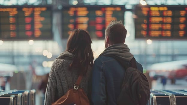 Couple traveling and looking at the flight schedule at the airport, Attractive couple in an airport.