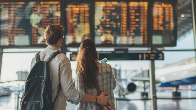 Couple traveling and looking at the flight schedule at the airport, Attractive couple in an airport.