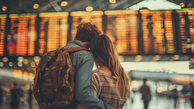 Couple traveling and looking at the flight schedule at the airport, Attractive couple in an airport.