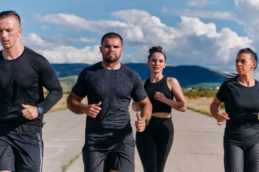 A professional athletic team as they train rigorously, running towards peak performance in preparation for an upcoming marathon.