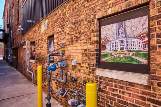 Colorful mural in a Fort Wayne alleyway blends urban art with architectural motifs, showcasing vibrant city life.