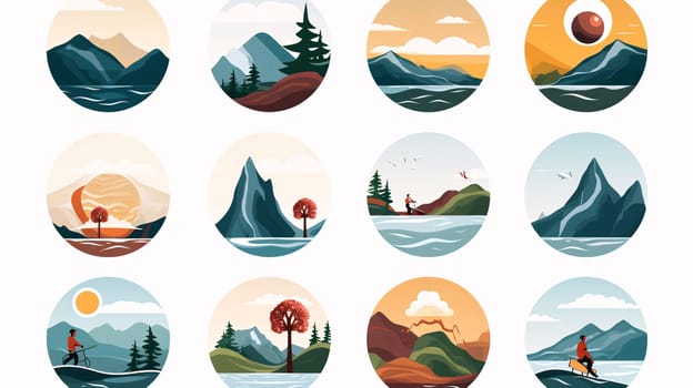 New icons collection: Mountains and lake icon set in flat style. Vector illustration.