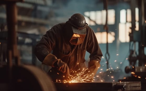 Worker in protective welding mask and gloves grinds metal, sparks scattering