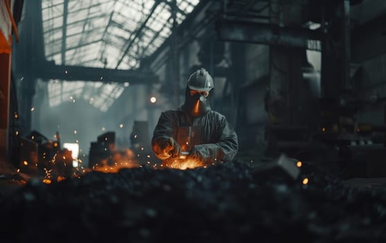 Close-up of a welder in mask and protective gear with bright welding sparks