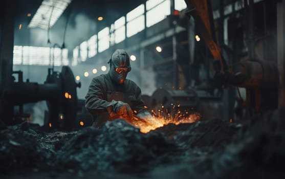 Welder in full gear ignites sparks while working on metal in a dimly lit shop