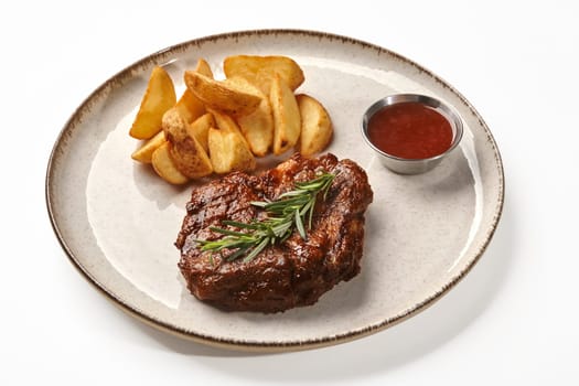 Juicy grilled pork steak seasoned with rosemary, served with golden country style wedge potatoes and tangy barbecue sauce, presented on rustic ceramic plate, isolated on white background