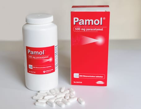Large package of paracetamol tablets. Pills for pain and fever reduction. Denmark - Martch 24, 2024