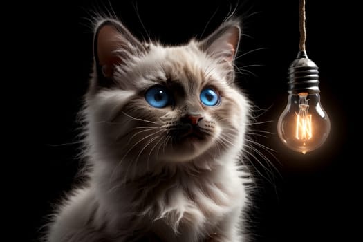 a frightened cat sits in complete darkness with one glowing light bulb .