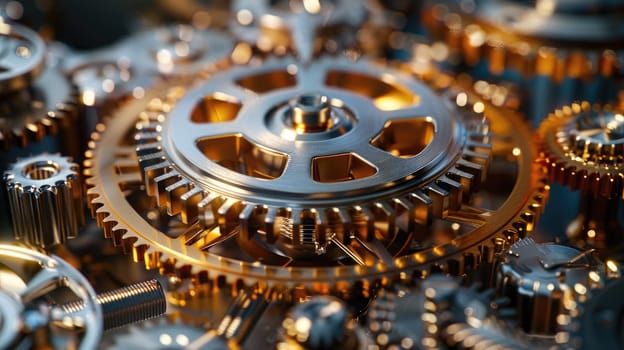 A close up of a large number of gears, some of which are gold.