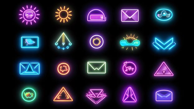 New icons collection: Neon email icons set. Vector illustration of neon email icons on black background