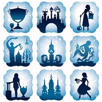 New icons collection: Set of silhouettes on the theme of the ancient city. Vector illustration