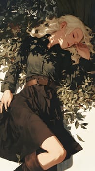 A fictional character in a military camouflage dress with intricate sleeve pattern is lying under a tree, her hand resting on her thigh in a graceful gesture