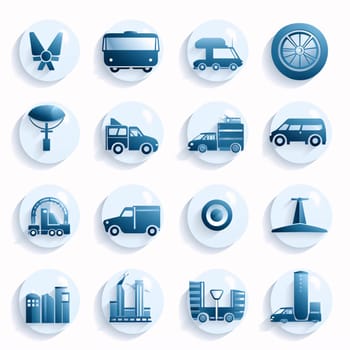 New icons collection: Transport icons. Vector set of blue glass buttons with long shadow.