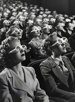 A crew of people wearing 3D glasses are seated in a theater, a mix of white and black headgear giving a military style. The crowd awaits the event in monochrome photography