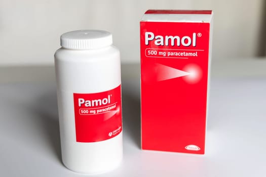 Large package of paracetamol tablets. Pills for pain and fever reduction. Denmark - Martch 24, 2024