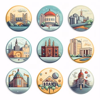 New icons collection: Set of round icons of european city. Vector illustration.