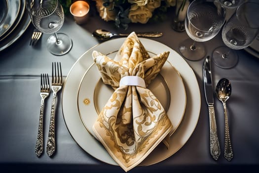 Elegant dinner table setting arrangement in English country style as flatlay tablescape, folded napkin on a serving plate, tableware and holiday table decor, post-processed, generative ai