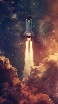 A colorful space shuttle is flying through a sky full of clouds and stars.