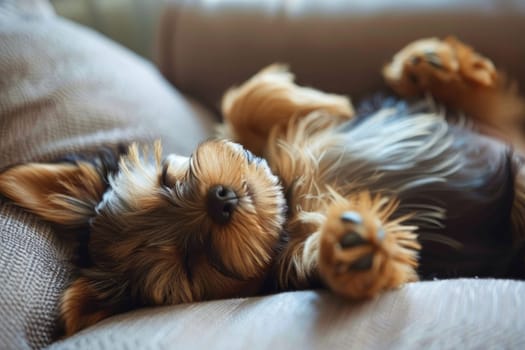 A little dog sleeps on its back on the sofa