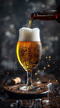 Beer being poured from a beer glass into a stemware on a wooden table, creating a fluid motion of the alcoholic beverage in the drinkware