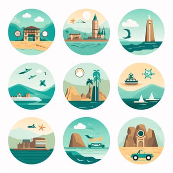 New icons collection: Set of travel icons in flat style. Vector illustration with sea, ship, lighthouse, lighthouse and other elements.