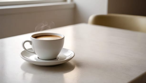 Morning Coffee: A white cup filled with steaming coffee rests on a clean white table, casting a subtle shadow. creating a serene morning scene