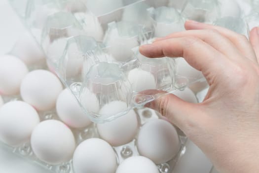 Raw white chicken eggs in tray on white background. Organic food from nature.
