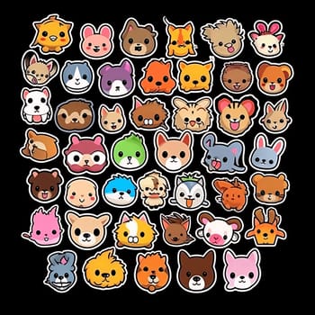 New icons collection: Set of cute cartoon animal faces. Vector illustration on black background.