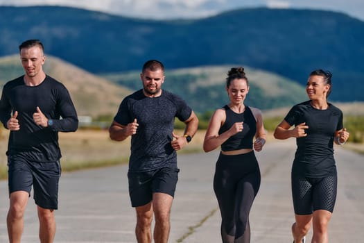 A professional athletic team as they train rigorously, running towards peak performance in preparation for an upcoming marathon.