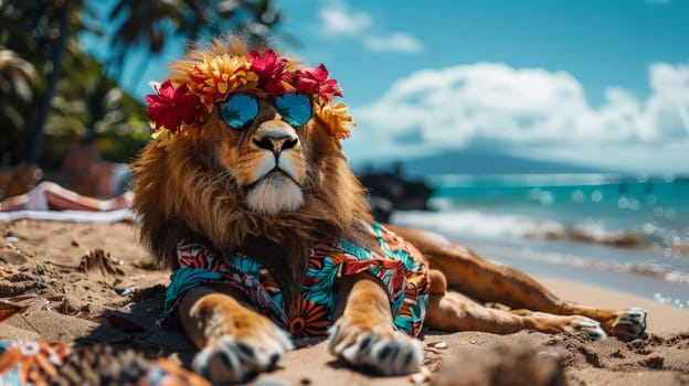 Summer background, A lion with hawaiian costume tropical palm and beach background.