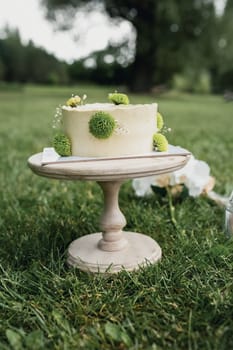 A delectable cake perched on a wooden stand in a lush grassy setting, inviting a magical celebration outdoors.