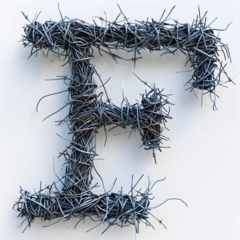 The letter E, crafted from barbed wire, resembles a branch or twig in an electric blue font. The sharp pattern of the metal wire resembles a fashion accessory or a piece of still life photography