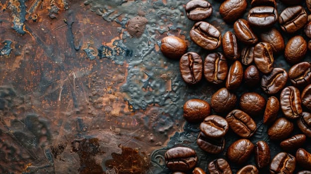 A pile of coffee beans on the table, Texture of roasted coffee beans.