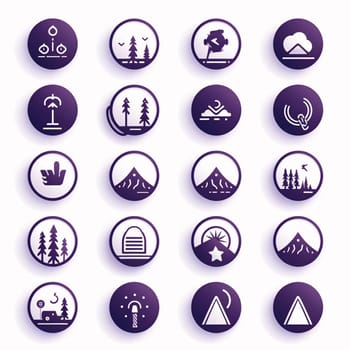New icons collection: Set of camping and hiking icons in purple circles. Vector illustration.