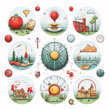 New icons collection: Set of vector icons in the flat style. Landscape with buildings, trees, mountains and roads.