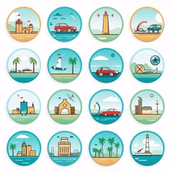 New icons collection: Set of travel icons in flat style. Vector illustration with lighthouse, car, beach, palm trees, car, ship, sea.