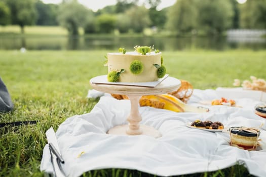 A delicious cake resting on a colorful picnic blanket in the serene setting of a park, amidst natures beauty and tranquility.