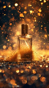 A glass bottle filled with liquid, not a drink, but a bottle of perfume, is adorned with gold glitter, making it a glamorous addition to any event or building decor