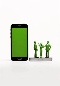 Smartphone screen: Smart phone with green screen and people on white background. 3D illustration.