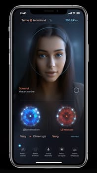 Smartphone screen: 3d rendering of a woman with a face recognition on a smartphone