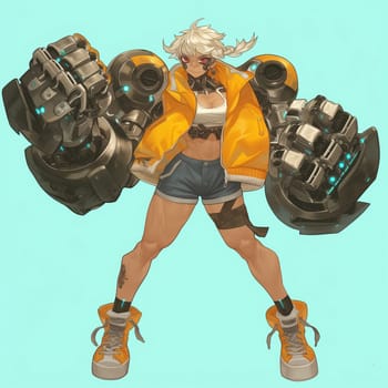A cybernetic boxer girl with metal robotic arms in anime style. High quality illustration