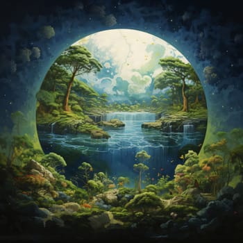 Earth Day: Fantasy landscape with lake and forest - illustration for children (3D)