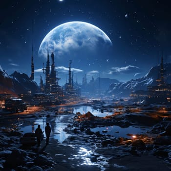 Earth Day: Fantasy landscape with a city and a large moon in the sky