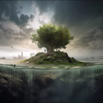 Earth Day: Fantasy landscape with a tree on top of a rock in the sea