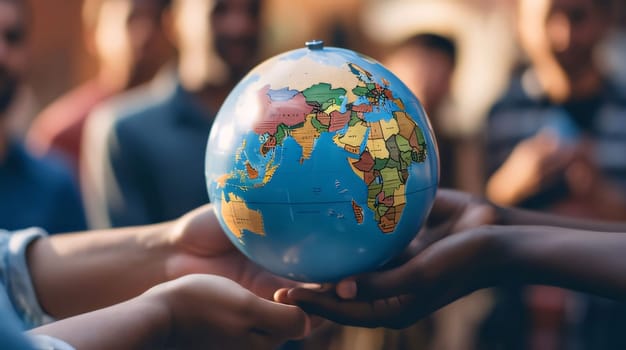 Earth Day: group of friends holding a globe in their hands, close-up